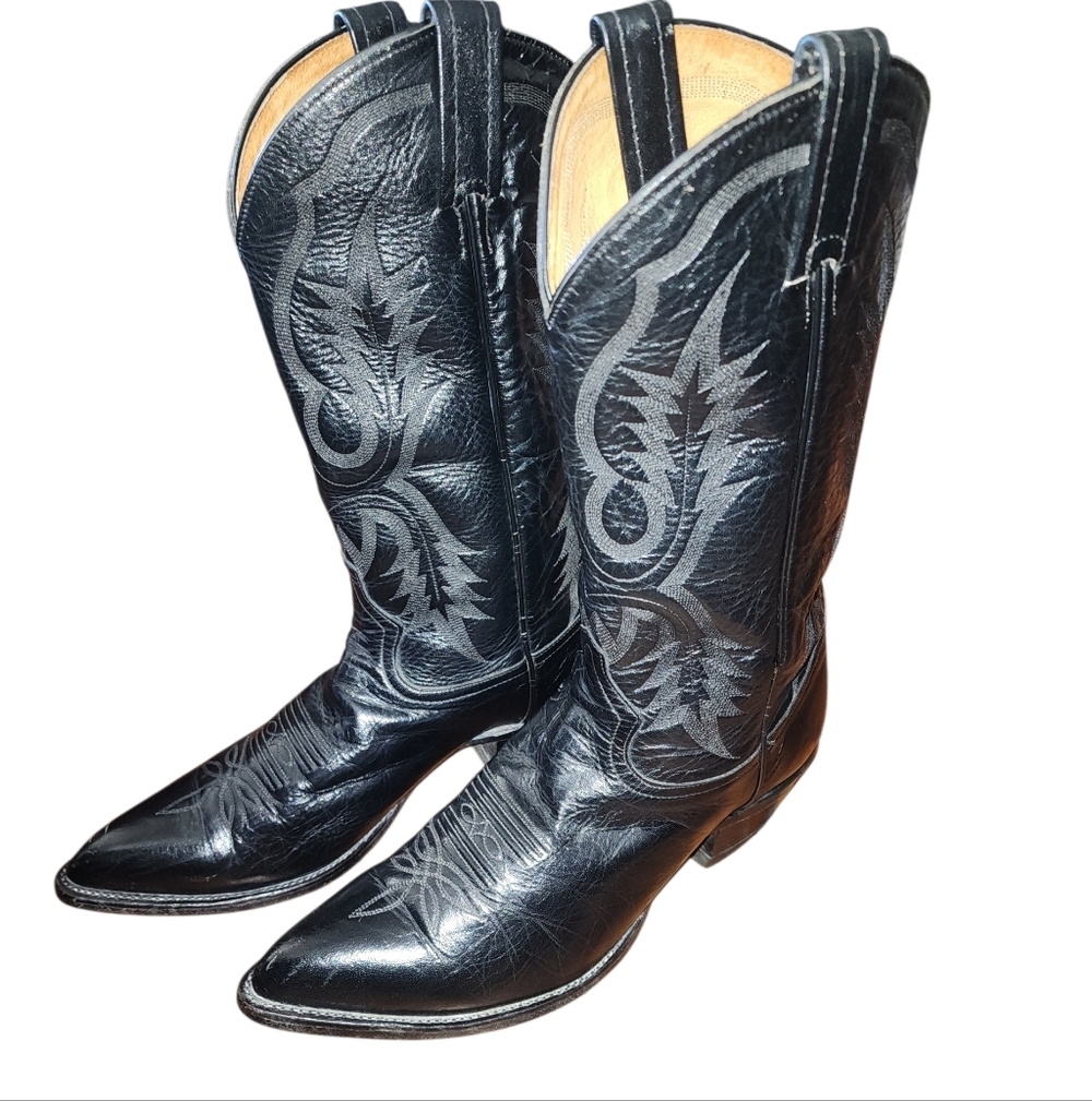 Vintage Tony Lamas 2923 Black Leather Pointed Toe Western Cowboy Boot Size 91/2B - Picture 2 of 7